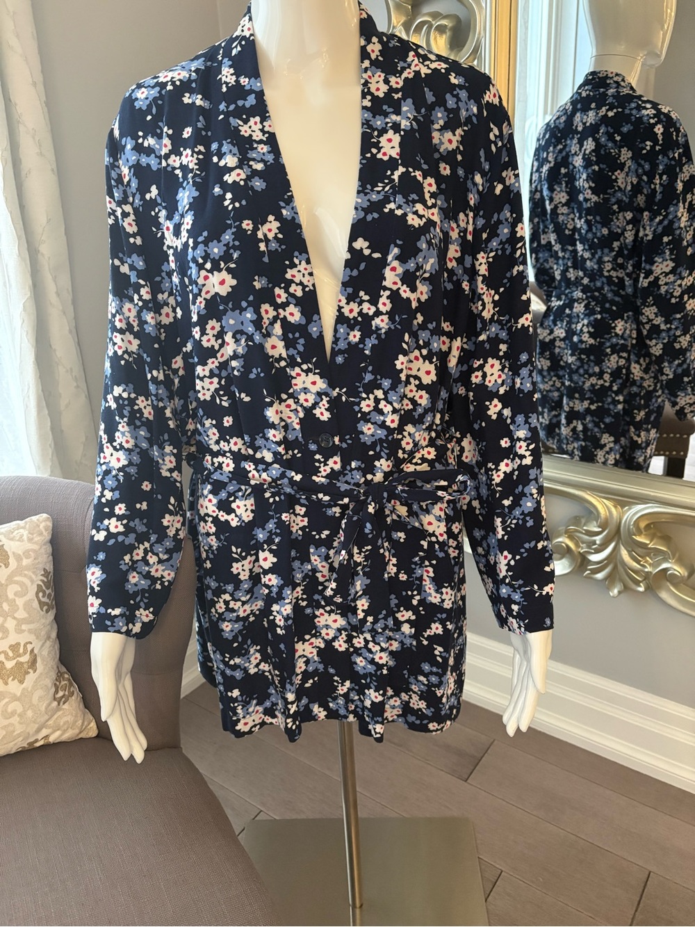 Floral Tie-Waist Navy Blazer Jacket